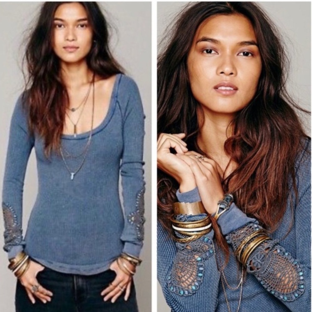 FREE PEOPLE We The Free Thermal Synergy Crochet Knit Embroidered L/S Top Shirt